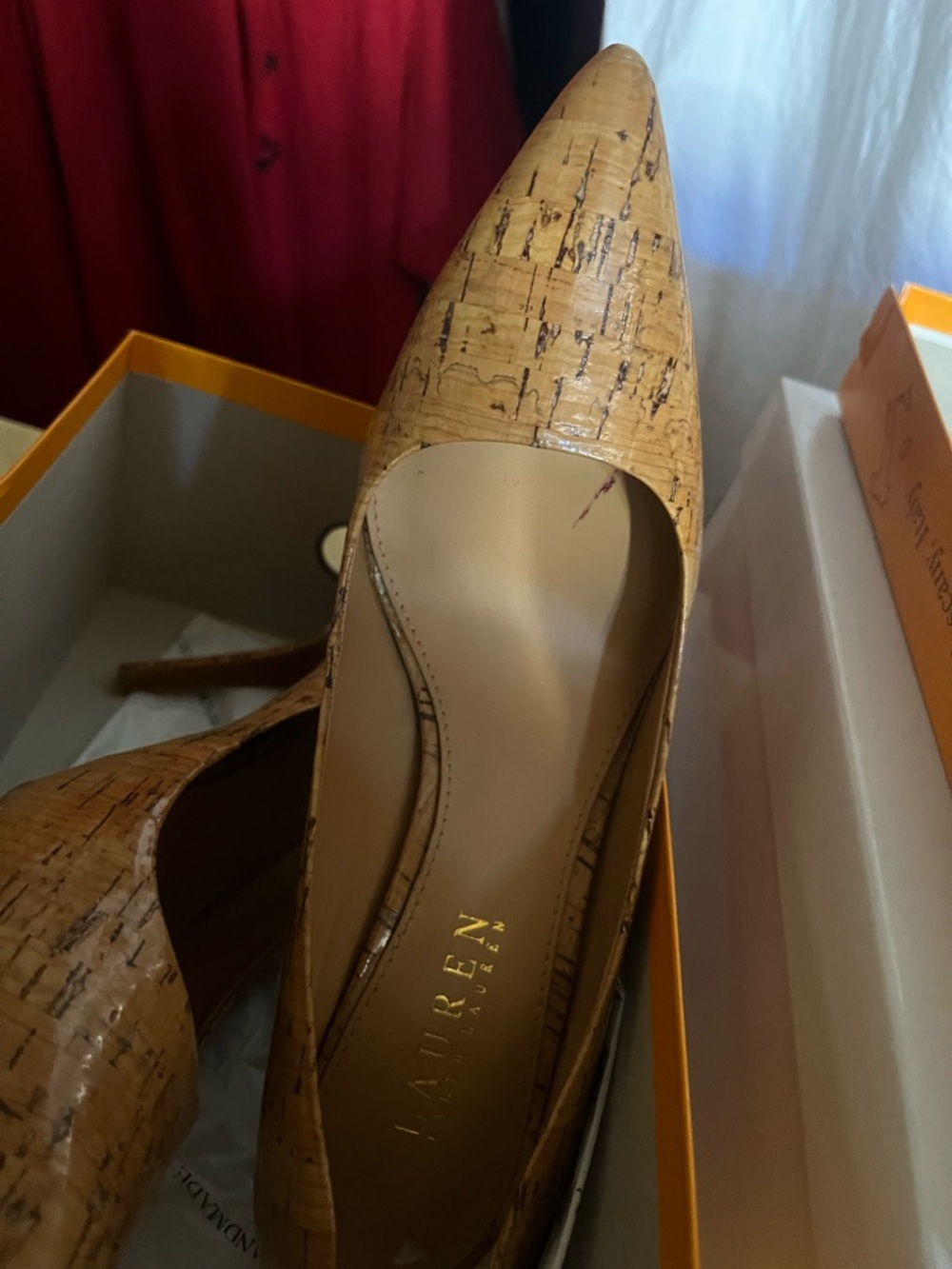 Ralph Lauren Cork-Textured Pointed Toe Pumps - Tan - Picture 3 of 5